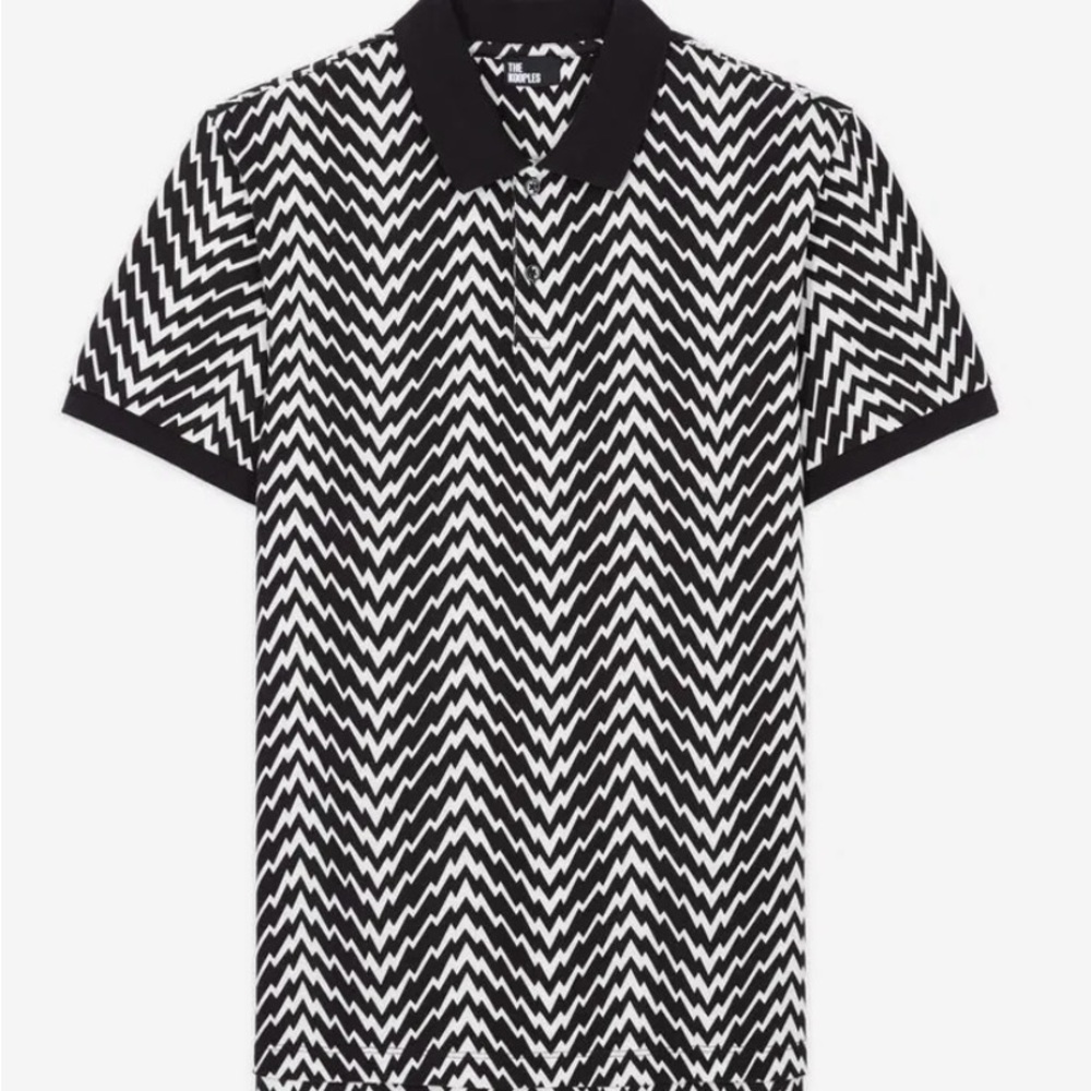 The Kooples Printed Polo Shirt Short Sleeve Black & White Zigzag Pattern Size S